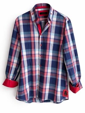 COOGI Luxe Plaid Button Up Shirt 2XL Red Blue Cotton Bold Pattern